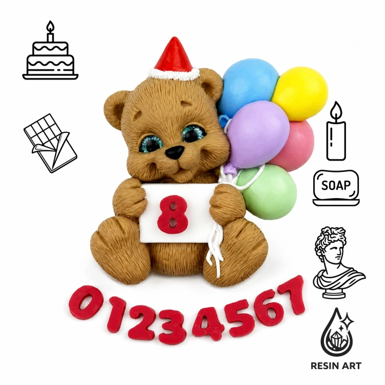 Forma silikonowa do czekolady Miś z balonami 2D – tort, gips, mydło, świec